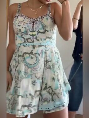 🚨SOLD🚨 Sleeveless Fit-and-Flare Mini Dress in Cream with Pastel Blue Print